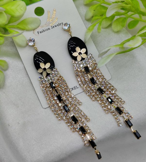 Imported Glamorous Long Tassel Earrings With Black And Crystal | Luxury Look Earrings