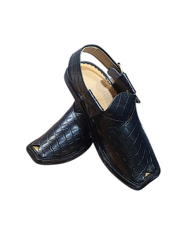 Peshawari Bitter Gourd Style Kherri Black Pure Leather Peshawari Chappal For Men (without Box)