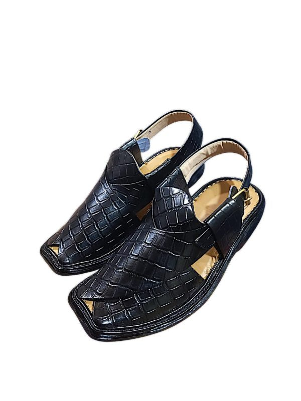 Peshawari Bitter Gourd Style Kherri Black Pure Leather Peshawari Chappal For Men (without Box)