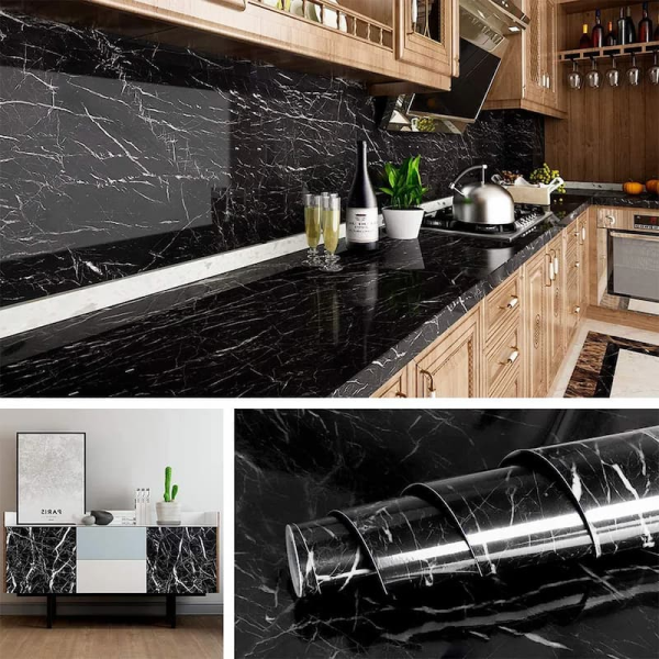 Self-Adhesive Kitchen Marble Sheet- Waterproof Heat Resistant Sheet for Living Room, Bathroom, Kitchen Countertops, Wall – Anti Oil And Heat Resistant Wallpaper Black Sheet ( 60 x 200 Cm )